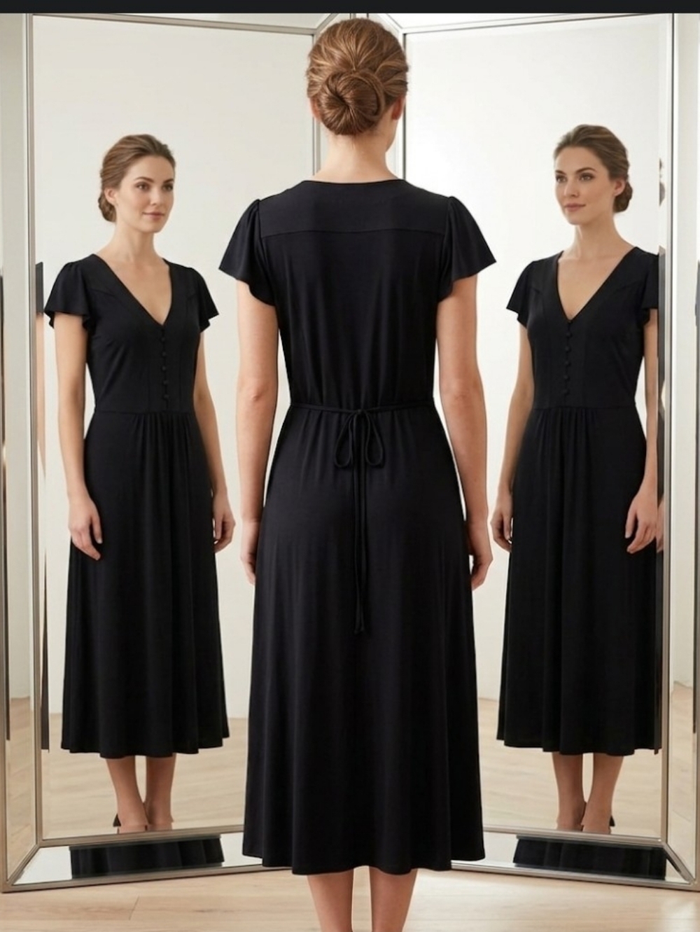 Little Black Midi Dress Sz 10-15 Ann Taylor Loft Flutter Sleeves